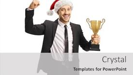  Presentation with gold trophy - PPT theme enhanced with happy man in a suit with a santa claus hat holding a gold trophy cup isolated on white background background and a light gray colored foreground
