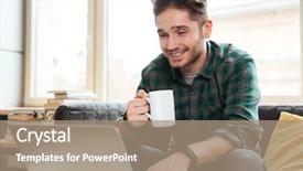  Presentation with coworking - Colorful slide set enhanced with happy man in green shirt sitting on sofa with cup of tea and looking at laptop coworking backdrop and a coral colored foreground