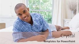  Presentation with man looking up happy - Theme featuring happy man looking at camera lying on a bed at home in the bedroom background and a coral colored foreground