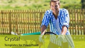  Presentation with lawn and garden - Presentation design having happy man mowing lawn background and a yellow colored foreground