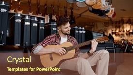  Presentation with instrument - Slide set featuring happy-man-musician-playing-guitar background and a tawny brown colored foreground