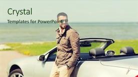 Presentation with transport engineering - Presentation consisting of happy man near cabriolet car background and a soft green colored foreground