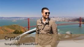  Presentation with golden car - Beautiful slide deck featuring happy man near convertible car backdrop and a coral colored foreground