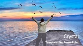  Presentation with happy sad face man - Amazing slides having happy man on the pier backdrop and a gray colored foreground