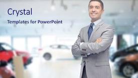  Presentation with consumerism - Slides featuring happy man over auto show background and a sky blue colored foreground