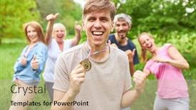  Presentation with medal - Theme with happy-man-proudly-shows background and a soft green colored foreground