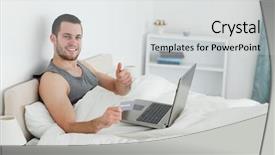  Presentation with purchasing - Audience pleasing PPT layouts consisting of happy man purchasing online with thumb up in his bedroom backdrop and a light gray colored foreground