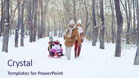  Presentation with happy kids - PPT theme consisting of happy man riding kids on sledge in winter park background and a sky blue colored foreground
