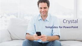 Presentation with text message - Audience pleasing PPT theme consisting of happy man sitting on the couch sending a text message at home in the living room backdrop and a sky blue colored foreground
