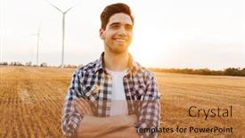  Presentation with wind turbines - Presentation design enhanced with happy-man-standing-against background and a coral colored foreground