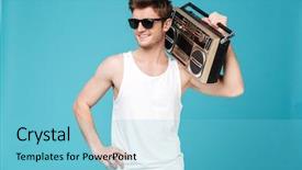  Presentation with tape recorder - Audience pleasing PPT theme consisting of happy man standing over blue backdrop and a light blue colored foreground