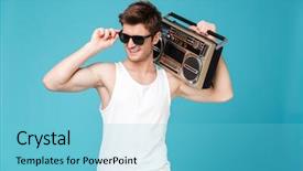  Presentation with happy image - PPT layouts featuring happy man standing over blue background and a light blue colored foreground