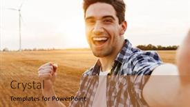  Presentation with wind turbines - Colorful presentation theme enhanced with happy-man-taking-selfie-against backdrop and a red colored foreground
