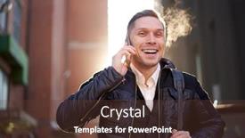  Presentation with city buildings - PPT theme having happy-man-talking-on-phone background and a tawny brown colored foreground