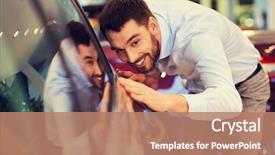  Presentation with auto - Presentation design with happy man touching car background and a coral colored foreground