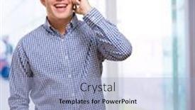  Presentation with cell - Presentation theme featuring happy man using cell phone indoor background and a light blue colored foreground