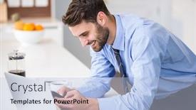  Presentation with social isolation - Cool new PPT layouts with happy man using laptop and phone at home working from home in quarantine lockdown social distancing self isolation backdrop and a light blue colored foreground