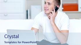  Presentation with mobile phone addiction - Slides having happy man using mobile phone background and a sky blue colored foreground