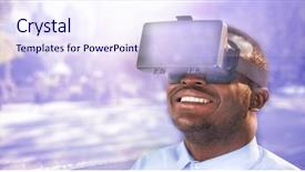  Presentation with virtual reality shooter - Colorful slide deck enhanced with happy man using virtual reality headset against blurred new york street backdrop and a sky blue colored foreground