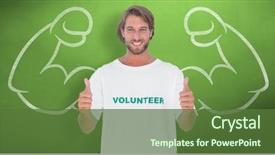  Presentation with green chalkboard - PPT theme with happy man wearing volunteer tshirt giving thumbs up against green chalkboard background and a tawny brown colored foreground