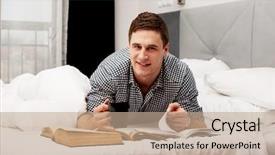  Presentation with man looking up happy - Slide set consisting of happy man with a book background and a coral colored foreground