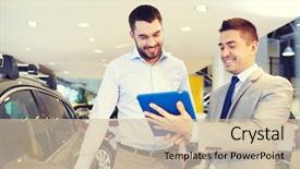  Presentation with car dealer - Presentation theme consisting of happy man with car dealer background and a soft green colored foreground