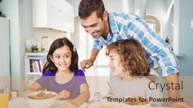  Presentation with breakfast children - Slides enhanced with happy man with children having breakfast at home background and a coral colored foreground
