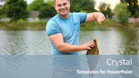  Presentation with fish river - PPT theme consisting of happy man with freshly caught fish on river bank background and a light blue colored foreground
