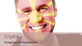  Presentation with macedonia - Beautiful PPT theme featuring happy-man-with-macedonia-flag backdrop and a coral colored foreground
