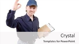  Presentation with box - Presentation theme enhanced with happy man with small box showing ok gesture background and a white colored foreground