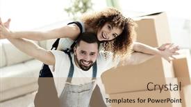  Presentation with married - PPT theme with happy married couple in a new house background and a coral colored foreground