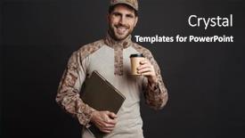  Presentation with masculine - PPT theme with happy-masculine-military-man-drinking background and a dark gray colored foreground