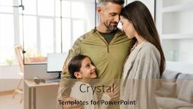  Presentation with military family - Slide set consisting of happy-masculine-military-man-smiling background and a coral colored foreground