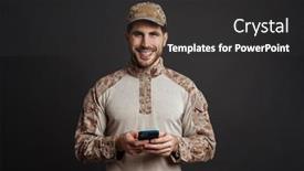  Presentation with masculine - Audience pleasing slide deck consisting of happy-masculine-military-man-smiling backdrop and a dark gray colored foreground
