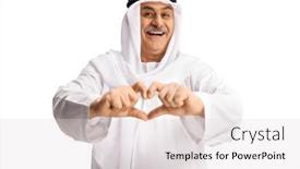  Presentation with hands heart - PPT theme having happy-mature-arab-man-gesturing background and a light gray colored foreground