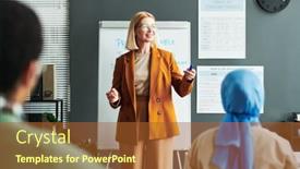  Presentation with new teacher - Presentation design having happy-mature-blond-teacher background and a red colored foreground