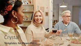  Presentation with festive - Slide deck with happy-mature-blond-woman background and a coral colored foreground