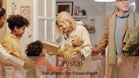  Presentation with grandparents - Presentation having happy-mature-blond-woman background and a coral colored foreground