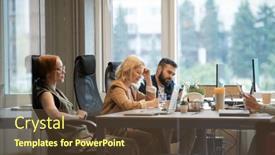  Presentation with front desk - Slides enhanced with happy-mature-businesswoman-making-notes background and a tawny brown colored foreground