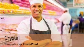  Presentation with butcher - Presentation theme enhanced with happy mature butcher in butchery background and a coral colored foreground