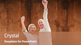  Presentation with oak - Slides enhanced with happy mature couple cheering at camera against weathered oak floor boards background background and a coral colored foreground