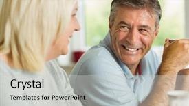  Presentation with coffee - PPT theme with happy mature couple having coffee together at home in the kitchen background and a light gray colored foreground