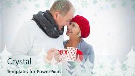  Presentation with clothes - Audience pleasing theme consisting of happy mature couple in winter clothes holding mugs against green snowflake design backdrop and a sky blue colored foreground