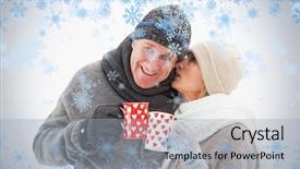  Presentation with winter blue - Amazing slides having happy mature couple in winter clothes holding mugs against snow flake frame in blue backdrop and a light blue colored foreground