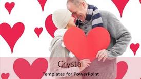  Presentation with valentines day - PPT theme featuring happy mature couple in winter clothes holding red heart against valentines day pattern background and a coral colored foreground