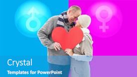  Presentation with pink blue - Cool new theme with happy mature couple in winter clothes holding red heart against pink and blue backdrop and a teal colored foreground