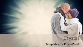  Presentation with valentines - Audience pleasing PPT theme consisting of happy mature couple in winter clothes embracing against valentines heart design backdrop and a lemonade colored foreground