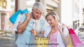  Presentation with shopping - Cool new PPT theme with happy mature couple looking at their shopping purchases on a sunny day backdrop and a light blue colored foreground