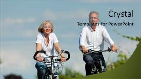  Presentation with cycling - PPT layouts consisting of happy mature couple - senior people man and woman already retired - cycling in summer in nature background and a light blue colored foreground