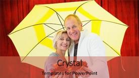  Presentation with under umbrella - PPT theme featuring happy mature couple showing autumn leaves under umbrella against red wooden planks background and a red colored foreground